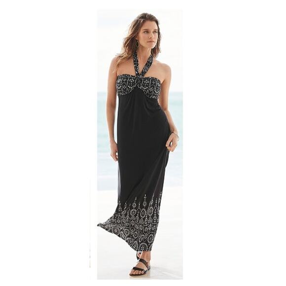New Nwt SOMA Faye Halter Maxi Stretch Dress Black Faux Eyelet Soft Size Small‎ - Picture 1 of 9